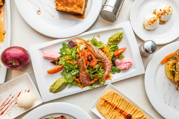 Still life with Mediterranean food dishes