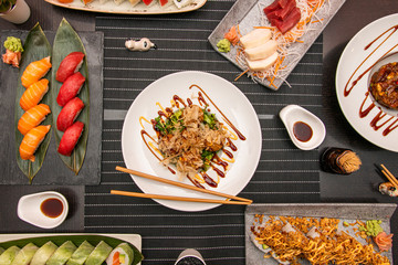 still life with asian food dishes