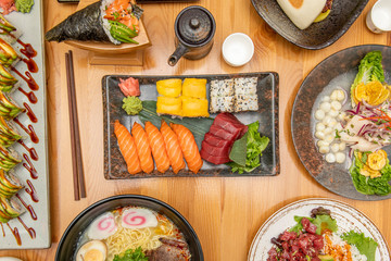 assorted sushi plates viewed from above