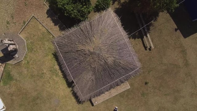 Aerial view of traditional russian country cabins houses izba in village