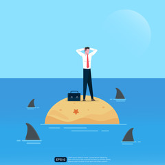 Worried businessman concept design. Man character standing on small island in the ocean and surrounded by sharks. Metaphor vector illustration