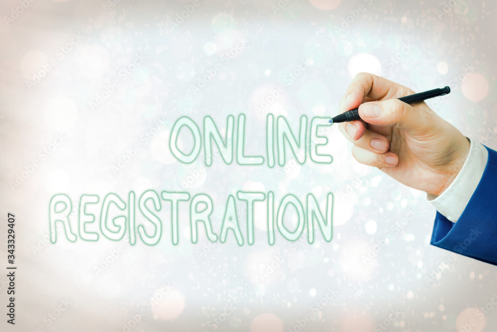 Poster conceptual hand writing showing online registration. concept meaning process to subscribe to join an