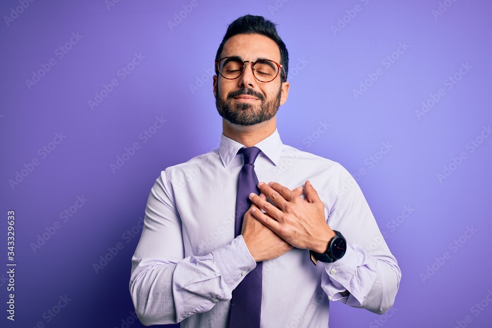 Sticker handsome businessman with beard wearing casual tie and glasses over purple background smiling with h