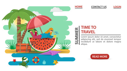 web page design concept summer vacation girl lying on a watermelon slice with juice under palm trees on a sandy beach flat vector illustration cartoon