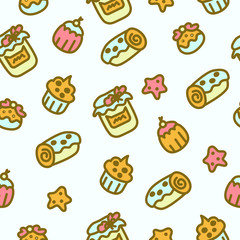 Cute vector seamless pattern with different pastries and sweets. Cakes, sweet rolls, jam, buns, cookies. Fun illustration for packaging design, wrapping paper, background for an online store.