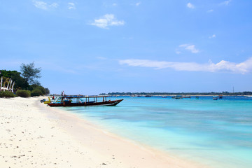 Main view of the coastline between Surf Point beach and  Harbor beach in Gili Trawangan island, on of the most impressive spots in Lombok, Indonesia.