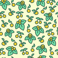 Merry Christmas seamless vector pattern with leaves, berries and cherries. Cute illustration for the design of decorative paper, gift wrapping, print on fabric or other objects. New Year, holiday.