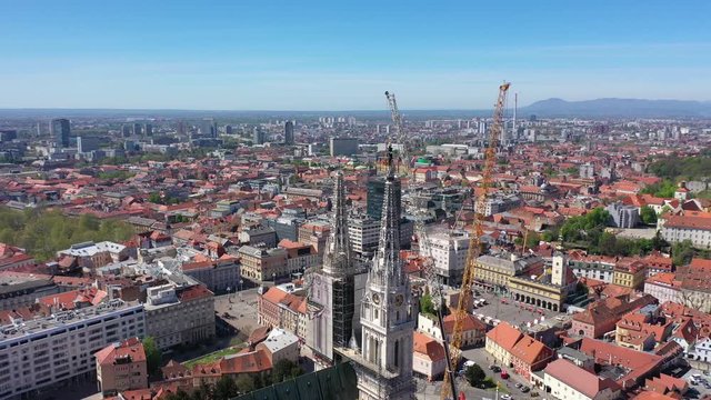 Zagreb Cathedral North Tower, damaged in Earthquake, preparing for controlled demolition by alpinists - Aerial Drone View