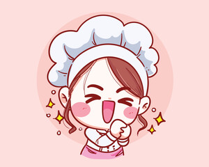 Cute chef girl Smiling fun thank you cartoon Vector art illustration