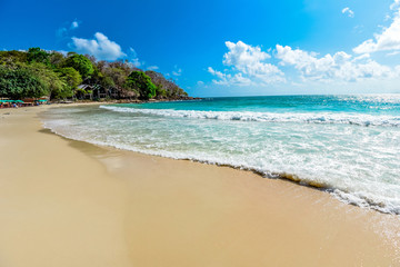 View of beautiful tropical landscape beach sea island with ocean blue sky and resort background in Thailand summer beach vacation - Sea waves on sand beach water and coast seascape