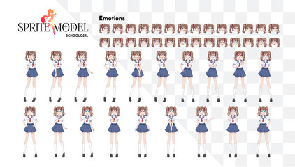 Set of emotions.Sprite full length character for game visual novel. Anime manga girl, Cartoon character in Japanese style.School girl in a sailor suit, blue skirt