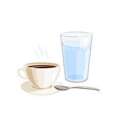 Hot black coffee cup and glass of cold water. Vector illustration cartoon flat icon isolated on white background.