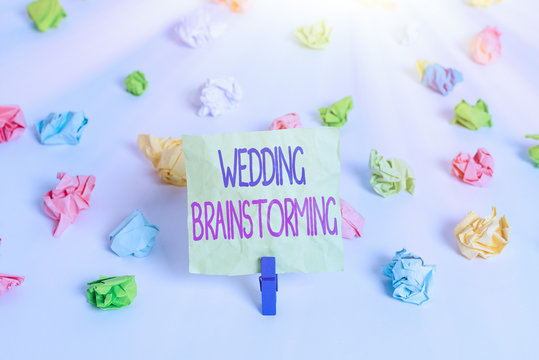 Writing Note Showing Wedding Brainstorming. Business Concept For Getting Married In An Economical Breaking The Bank Colored Crumpled Paper Empty Reminder White Floor Clothespin