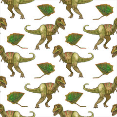 Fototapeta premium dinosaur seamless pattern, raptor leaves on a white background, blank, print, fabric, wallpaper, packaging, children's illustration