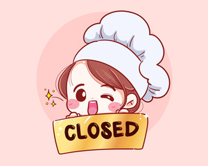 Female chef holds a  open sign at the front of the shop Hand drawn vector illustration