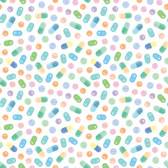 Colorful pills, tablets and capsules vector seamless pattern. Vector medicine illustration background.