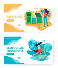 Fototapeta premium Garbage sorting and plastic recycle concept illustration. Young girl on a scooter. Eco urban lifestyle. Environment, ecology. Vector web site design template. Landing page website illustration.