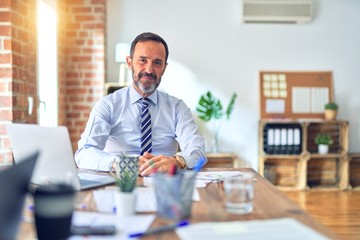 Middle age handsome businessman wearing tie sitting using laptop at the office with serious...