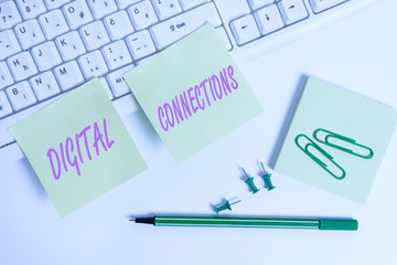 Conceptual hand writing showing Digital Connections. Concept meaning Powerful Ways to Connect Online Global High Definition Empty note paper and paper clips with pencil on white background