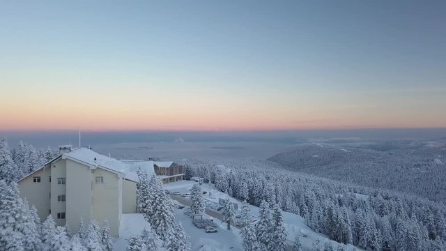 Landscape Aerial View of Snow Capped Forest and Skyline in Uludag Ski Resort and National Park, Bursa Province, Turkey