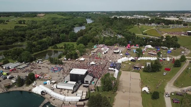 Aerial View of Ever After Music Festival Venue, Crowd in front of Stage and Surrounding Landscape, Kitchener, Ontario, Canada