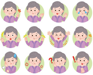 おばあさん　表情セット　丸アイコン　イラスト