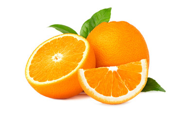fruit orange with green leaf isolate on white background