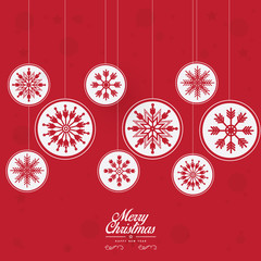 Red Christmas background with Xmas ornament design hanging snowflakes