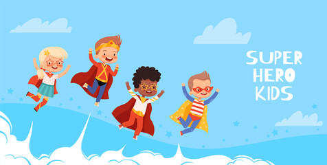 Cute funny kids superheroes fly to the sky with clouds. The concept of the development of fantasy child in the family. Festive background with children. Kids dream