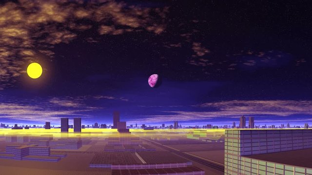 Huge Moon over Alien Planet. On purple starry sky floating clouds, a bright yellow sun rises. A huge moon over the horizon. Rocks are among the water.