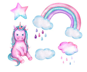 Watercolor illustration with unicorn cloud rain rainbow.