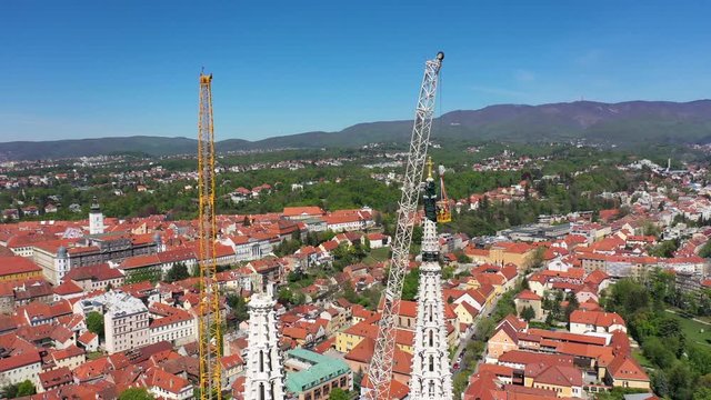 Zagreb Cathedral North Tower, damaged in Earthquake, preparing for controlled demolition by alpinists - Aerial Drone View