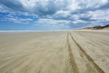 Car tracks on 90 Mile Beach, New Zealand