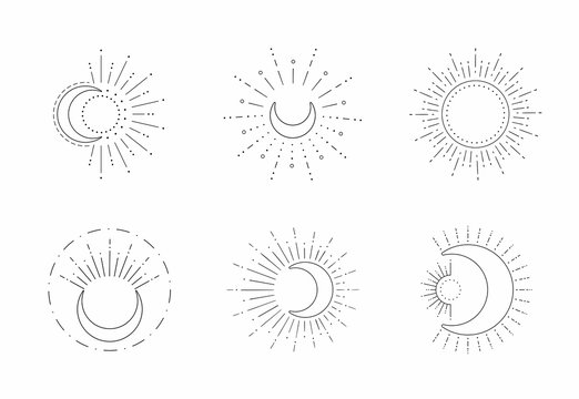 Vector sun and moon line design. Outline suns symbols, moon element icon set isolated on white background