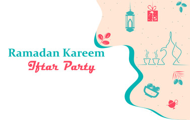 Happy Ramadan Kareem Iftar Party theme. Can use for background, poster, flyer, infographic, presentation, layout template design. Islamic icons concept in flat modern vector.