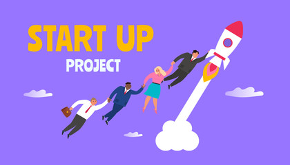 start up project business people flying  on rocket vector illustration