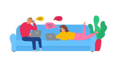 couple man and woman freelancers using laptops on the sofa working chatting internet searching remote work vector illustration