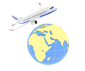 Modern plane flies over the Globe. Isolated on white background. 3D illustration