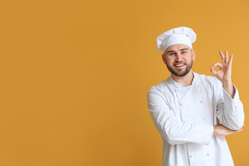 Handsome male chef showing OK on color background