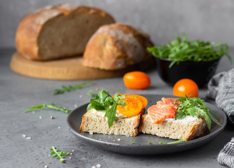 Open sandwiches with wheat and rye bread, tomatoes, smoked salmon and arugula, grey concrete background. Selective focus. 