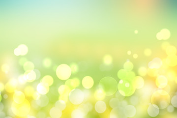 Fototapeta na wymiar Hello spring background. Abstract bright spring or summer landscape texture with natural green yellow bokeh lights and sunshine on blue sky. Beautiful backdrop with space.
