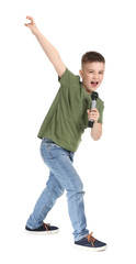 Cute little boy singing against white background