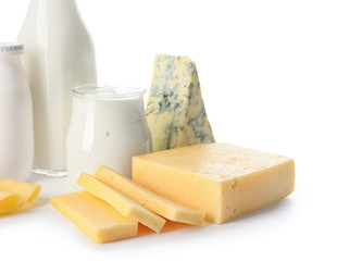 Different dairy products without lactose on white background