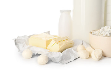 Different dairy products without lactose on white background