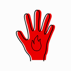 Burn of limbs. Contour silhouette of hand with icon fire and red silhouette on white background. Danger of burns. Vector object for icons, logos, infographics and your design.
