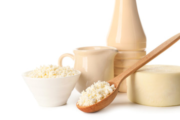 Different dairy products without lactose on white background