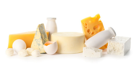 Different dairy products without lactose on white background