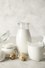 Different dairy products without lactose on light background