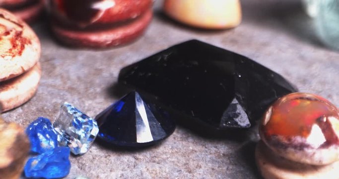 Light reflection on different beautiful looking and colorful gemstones.