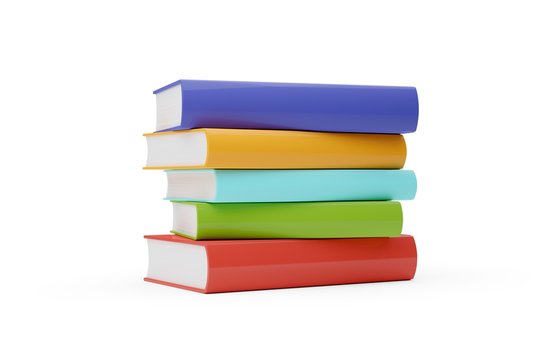 Blue, red, green and yellow hardcover books with blank covers stacked over white background